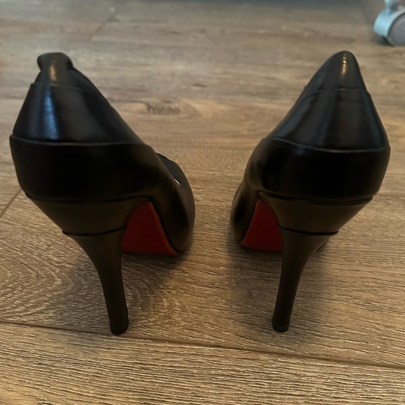 Black 5 inch Peep Toe Heels with Red Bottoms - Picture 4 of 6